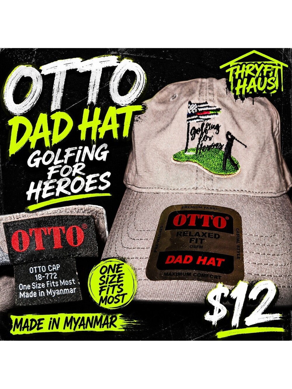 OTTO Golfing For Heroes Dad Hat Cap Adjustable Khaki Embroidered OSFM New